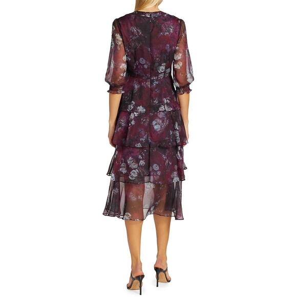 Marchesa Floral Midi Dress Purple Printed Chiffon Tiered Neck Tie Sz 2 Women - Picture 3 of 12